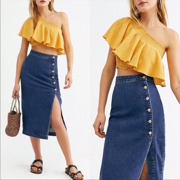 Free People Dresses & Skirts - Free People denim button high waisted midi skirt